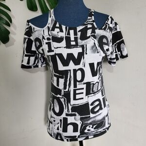 Forever 21 Black White Abstract Letter Cold Shoulder Top